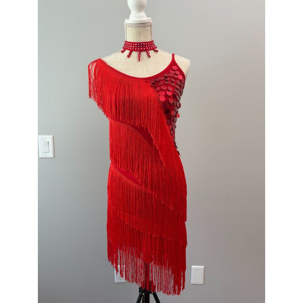 Red Fringe Flapper Great Gatsby Dress Sequined Size M 1920s Speakeasy Salsa